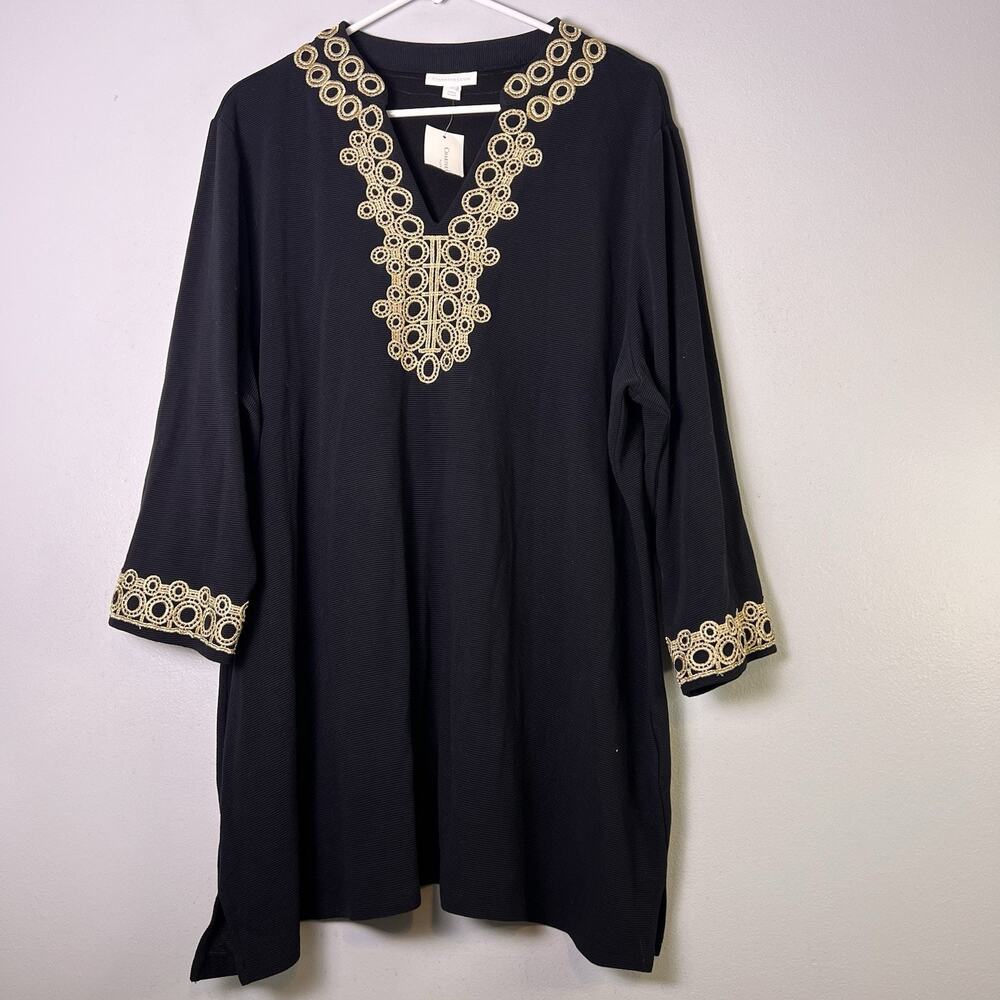 NWT Charter Club Women's Black Gold Embroidered Ribbed Pullover Tunic Plus Sz 3X